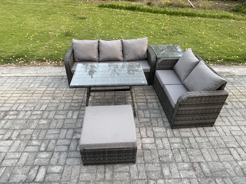 Fimous High Back PE Rattan Sofa Set Outdoor Garden Furniture Dining Table Set Love Sofa 3 Seater Sofa Big Footstool Side Table