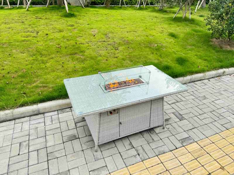 Fimous Light Grey Rattan Outdoor Garden furniture Set Gas Fire Pit Table and 4 Chairs Set with Seat Cushion
