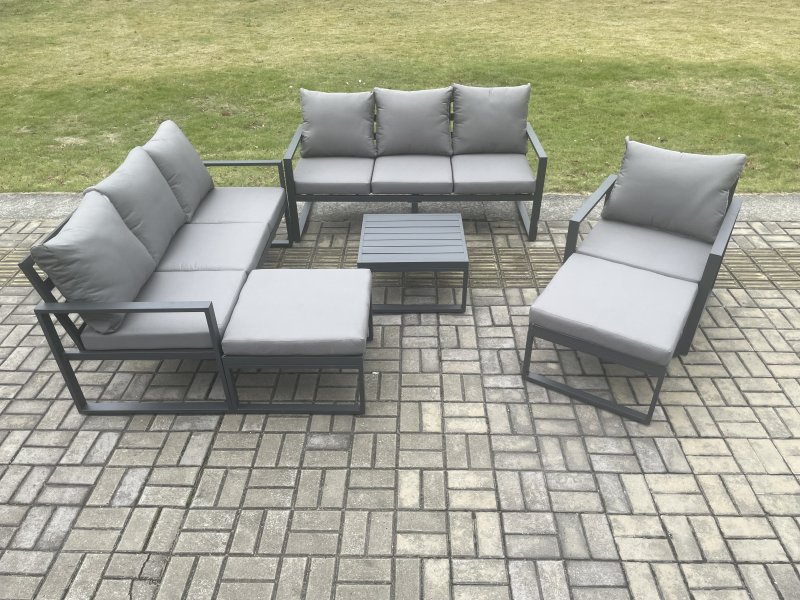 Fimous Aluminium Outdoor Lounge Sofa Set Garden Furniture Sets with Square Coffee Table Chair 2 Big Footstools Dark Grey