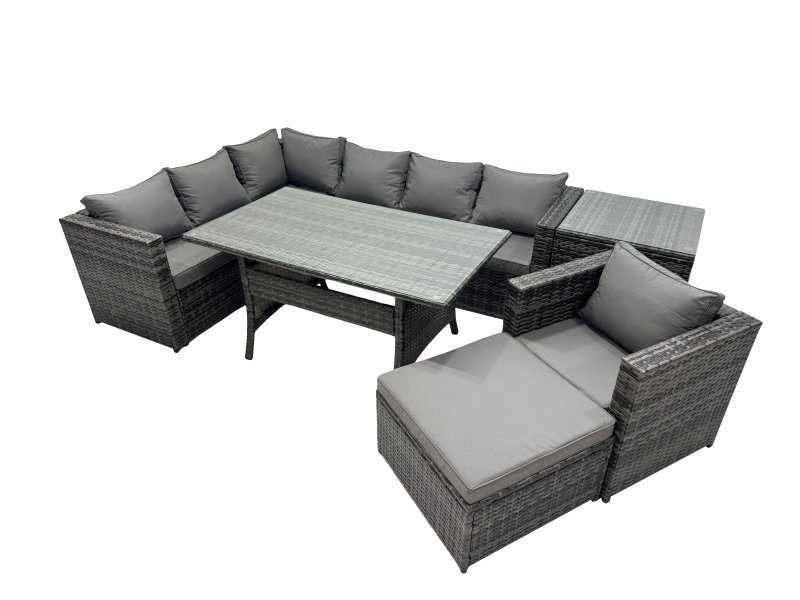 Fimous Outdoor PE Rattan Sofa Set with Dining Table Patio Garden Furniture Sets with Chair Big Stool Side Table Dark Grey Mixed