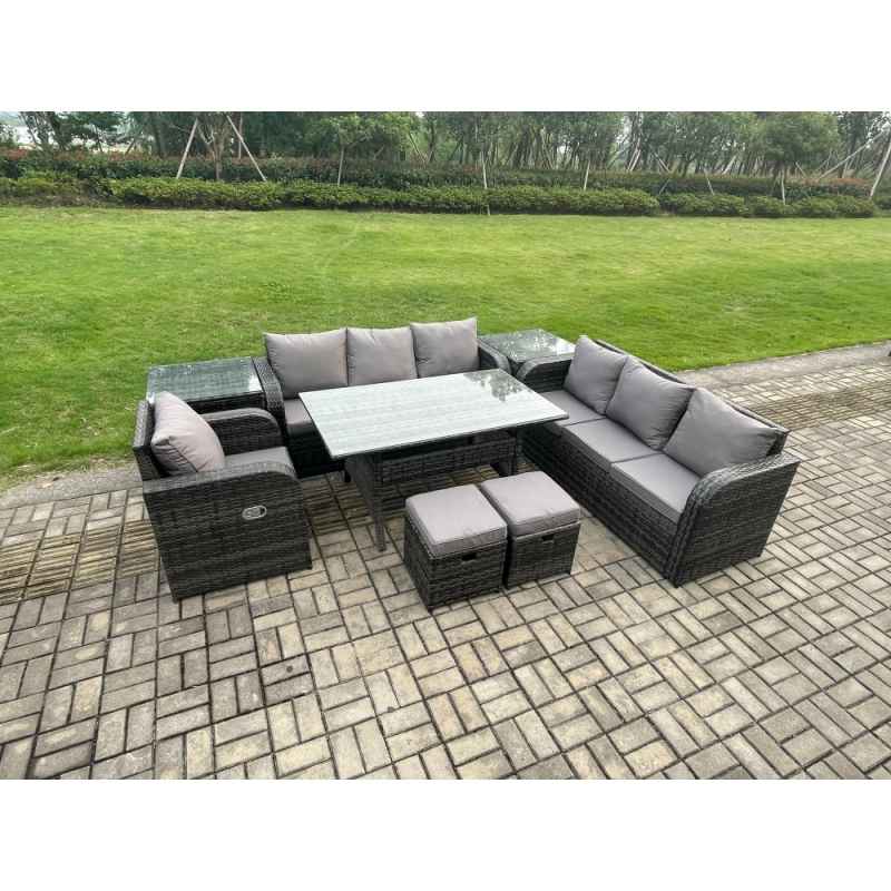 Fimous 9 Seater Outdoor Rattan Garden Furniture Set Oblong Rectangular Dining Table and Chairs Set with 3 Seater Sofa 2 Small Footstools 2 Side Tables Dark Grey Mixed
