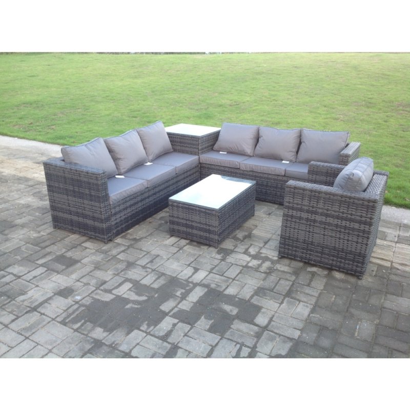 Fimous Grey Rattan Sofa Outdoor Garden Furniture Rectangular Coffee Table Set Patio With Cushions With Chair