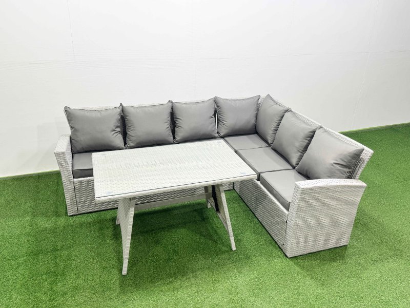 Fimous 6 Seater Garden Outdoor Rattan Furniture Set Rattan Corner Sofa Oblong Dining Table Set Light Grey Mixed