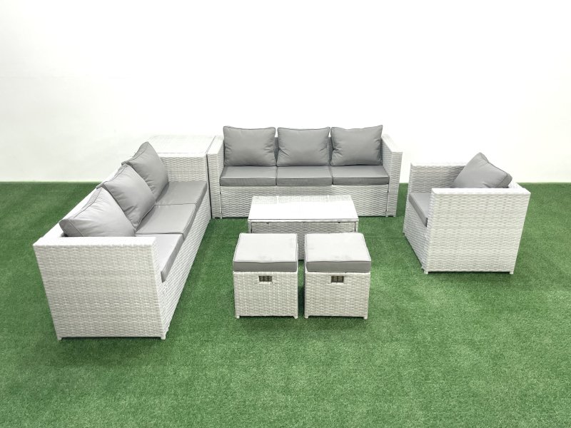 Fimous Wicker PE Rattan Sofa Garden Furniture Set with Armchair Oblong Coffee Table 2 Small Footstools Side Table Light Grey Mixed