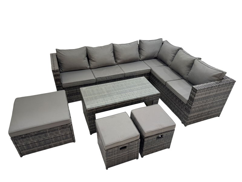Fimous Outdoor Rattan Oblong Coffee Table Corner Sofa Sets Garden Furniture Set with 3 Stools Dark Grey Mixed
