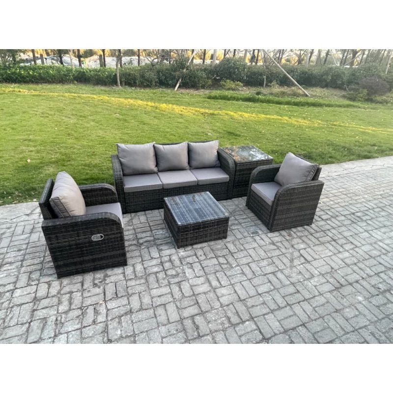 Fimous Garden Furniture Sets 5 Seater Wicker Rattan Furniture Patio Sofa Sets with Reclining Chair 3 Seater Sofa Side Table Dark Grey Mixed
