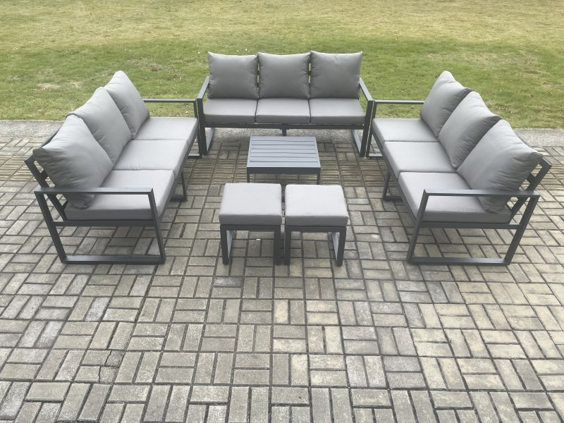 Fimous Aluminium 11 Seater Outdoor Garden Furniture Set Patio Lounge Sofa with Square Coffee Table 2 Small Footstools Conservatory Set Dark Grey
