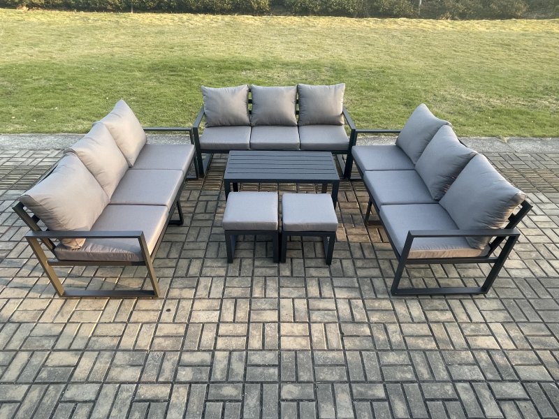 Fimous Aluminium 11 Seater Outdoor Garden Furniture Set Lounge Sofa Oblong Coffee Table 2 Small Footstools Sets with Cushions Dark Grey