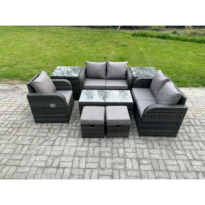 Fimous 7 Seater Rattan Outdoor Garden Furniture Sofa Set Patio Table & Chairs Set with 2 Side Tables 2 Small Footstools Dark Grey Mixed