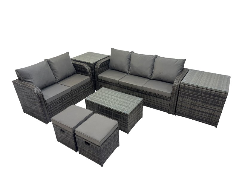 Fimous Outdoor Love Sofa 3 Seater Sofa Coffee Table Set Garden Rattan Furniture Set 7 Seater with 2 Small Stools 2 Side Tables Dark Grey
