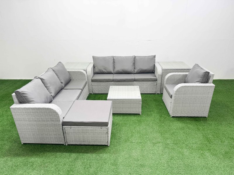 Fimous 8 Seater Poly Rattan Outdoor Garden Furniture Square Coffee Table Sofa Set Patio 3 Seater Sofa Reclining Chair 3 Seater Sofa Big Footstool 2 Side Table Light Grey