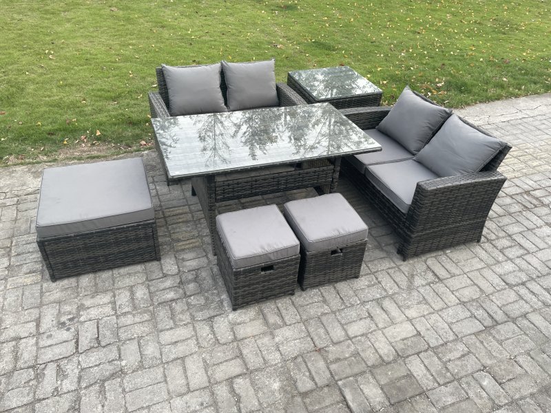 Fimous 7 Seater High Back Outdoor Garden Furniture Rattan Sofa Dining Table Set with 3 Footstools Side Table Dark Grey Mixed