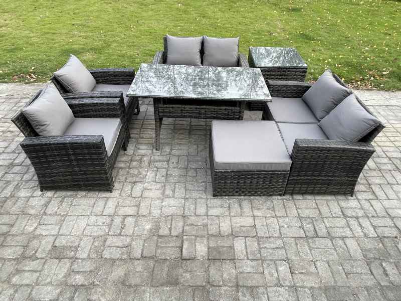 Fimous Rattan Garden Furniture Set 7 Seater Patio Outdoor Lounge Sofa Set with Oblong Dining Table Double Seat Sofa Side Table Big Footstool Dark Grey Mixed