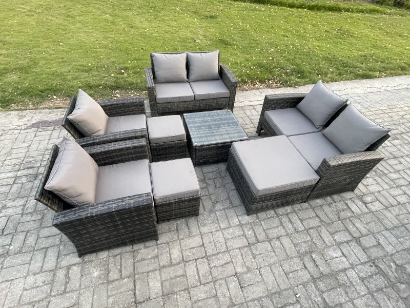 Fimous Outdoor Garden Furniture Sets 8 Pieces Wicker Rattan Furniture Manual Wicker Patio Sofa Patio Conversation Set with 3 Footstools Dark Grey Mixed