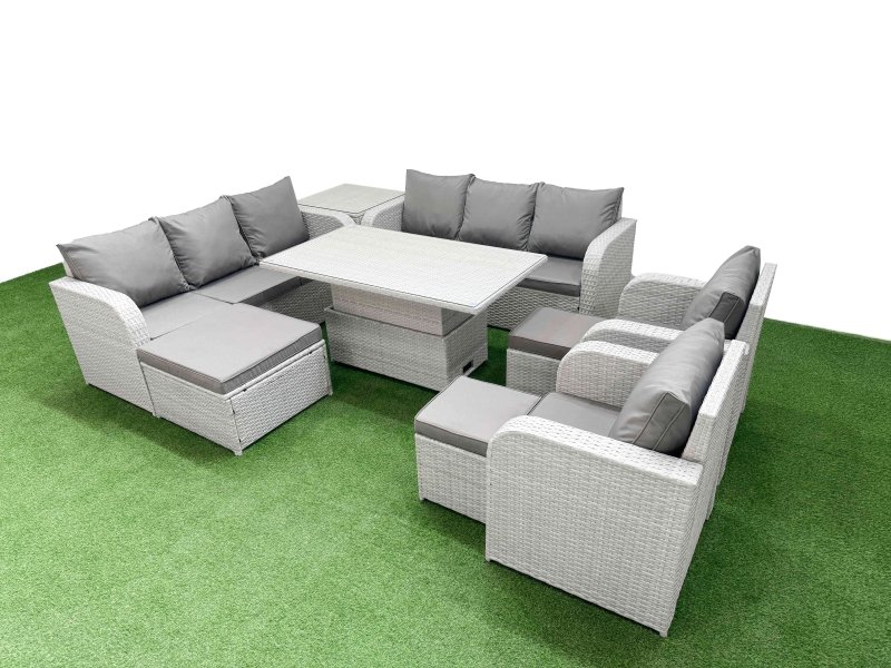Fimous PE Rattan High Back Lounge Sofa Set Patio Adjustable Lifting Dining or Coffee Table & Chairs Set with 3 Seater Sofa Reclining Chair 3 Stools Side Table Light Grey