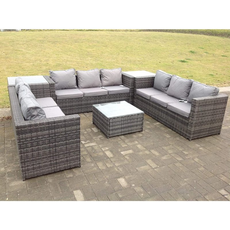 Patio 9 Seater U Shape Rattan Sofa Set Patio Outdoor Garden Furniture With 3 Coffee Table Dark Grey Mixed