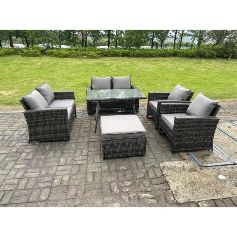 Fimous 7 Seater Outdoor Dark Grey Mixed High Back Rattan Sofa Dining Table Set Garden Furniture Love Sofa Arm Chair