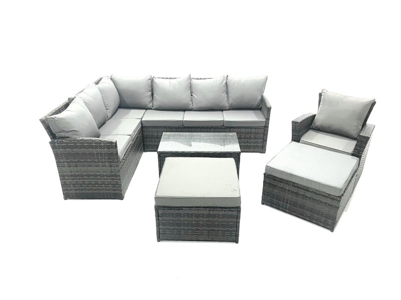 Fimous 9 Seater Rattan Lounge Corner Sofa Set Wicker PE Outdoor Garden Furniture Set with Coffee Table 2 Big Fotstools Dark Grey Mixed