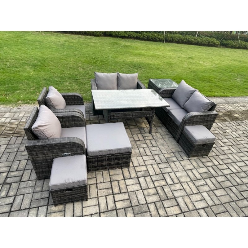 Fimous Outdoor Rattan Garden Furniture 9 piece Grey Patio Furniture Set 9 Seater Lounge Sofa Set with Rectangular Table Reclining Chairs 3 Stools Side Table