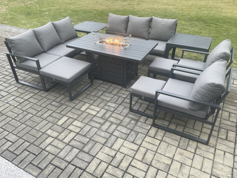 Fimous Aluminium Garden Furniture Outdoor Set Patio Lounge Sofa Gas Fire Pit Dining Table Set with 3 Footstools 2 Side Tables Dark Grey