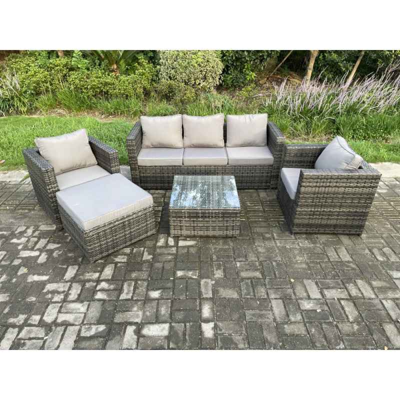 Fimous Rattan Garden Furniture Set Patio Outdoor Lounge Sofa Set with 2 Armchairs Square Coffee Table Big Footstool Dark Grey Mixed