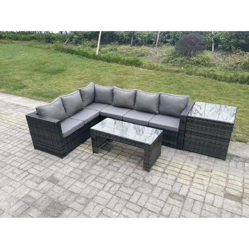 Fimous 6 Seater Rattan Corner Sofa Lounge Sofa Set With Rectangular Coffee Table Side Table Dark Grey Mixed Left Hand