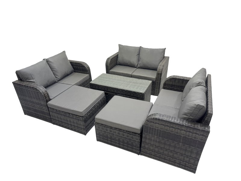 Fimous 3 Seater Sofa Reclining Chair Coffee Table Set Rattan Garden Outdoor Furniture Set with 2 Big Footstools Dark Grey Mixed