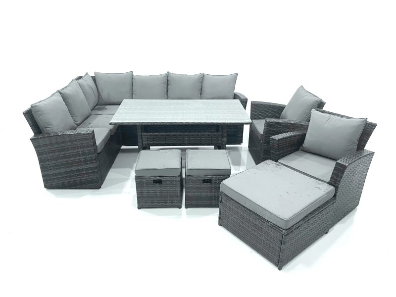 Fimous Outdoor Furniture Garden Dining Set Rattan Corner Sofa Set with 3 Footstools 2 Armchairs Dark Grey Mixed