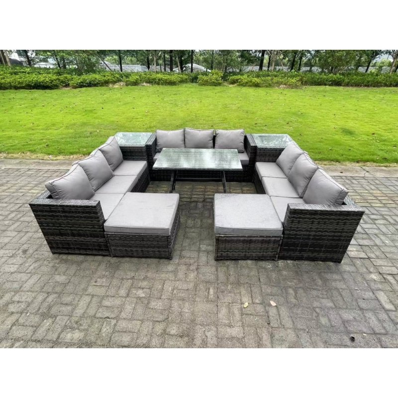 Fimous 11 Seater Wicker PE Rattan Outdoor Furniture Lounge Sofa Garden Dining Set with Dining Table 2 Side Tables 2 Big Footstools Dark Grey Mixed