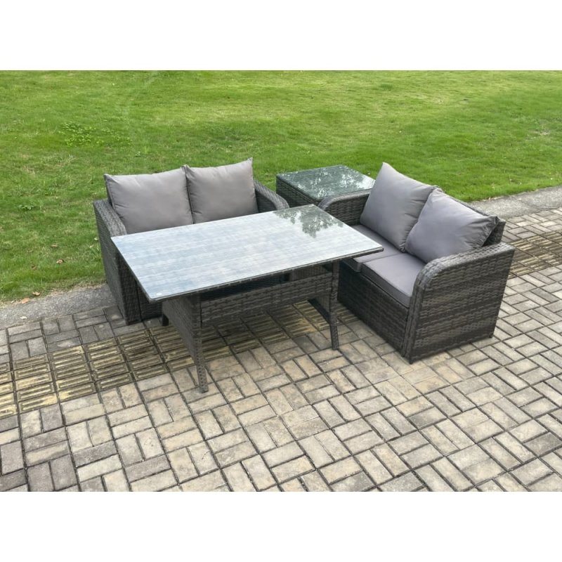 Fimous 4 Seater Rattan Outdoor Garden Furniture Set Rectangular Dining Table and Loveseat Sofa Set With Side Table Dark Grey Mixed
