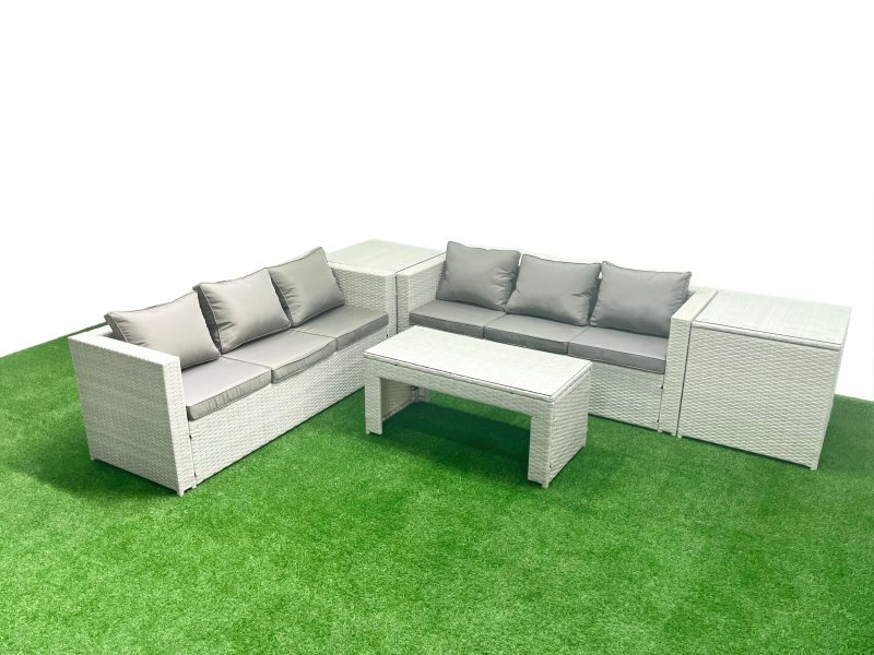 Fimous 6 Seater Garden Outdoor Rattan Furniture Set Rattan Garden Sofa Oblong Coffee Table with 2 Side Tables Light Grey Mixed