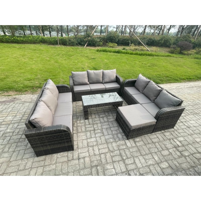 Fimous Outdoor Lounge Sofa Set 10 Seater Rattan Garden Furniture Set with Rectangular Coffee Table Big Footstool 3 Seater Sofa Dark Grey Mixed