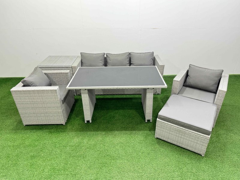 Fimous Patio Garden Furniture Sets with Black Glass Top Dining Table Armchair 3 Seater Sofa Side Table Big Stool Light Grey