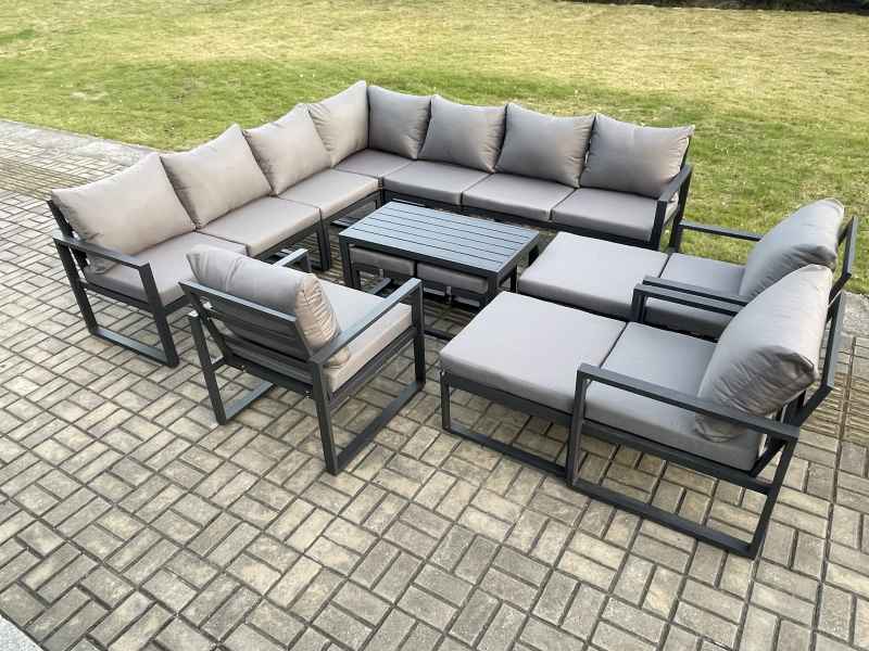 Fimous 14 Seater Aluminium Outdoor Garden Furniture Set Patio Lounge Sofa with Oblong Coffee Table 3 Pcs Chair 2 Small Footstools 2 Big Footstools Dark Grey
