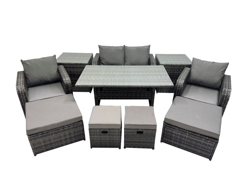 Fimous 8 Seat Outdoor Wicker PE Rattan Garden Furniture Set Dining Table Sofa Sets with 4 Stools 2 Side Table Dark Grey Mixed