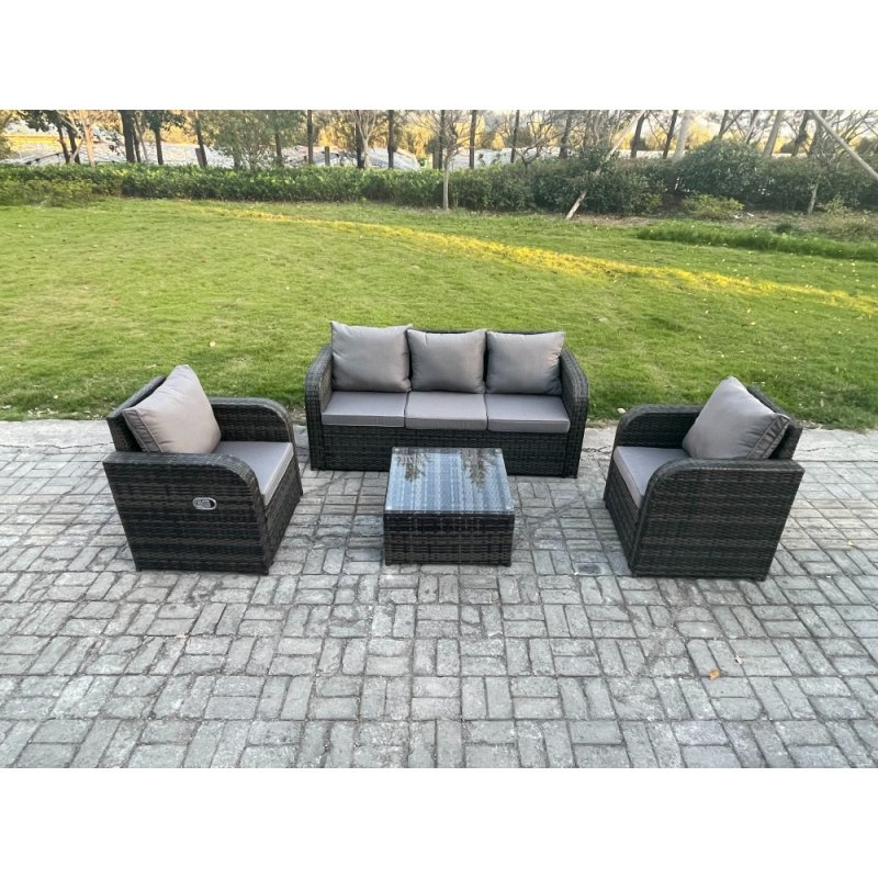 Fimous Garden Furniture Sets 5 Seater Wicker Rattan Furniture Patio Sofa Sets with Reclining Chair 3 Seater Sofa Dark Grey Mixed