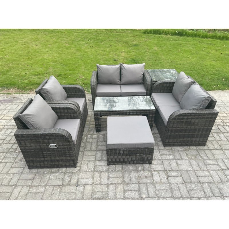Fimous Rattan Garden Furniture Set with Rectangular Coffee Table Side Table Big Footstool 7 Seater Patio Outdoor Lounge Sofa Set