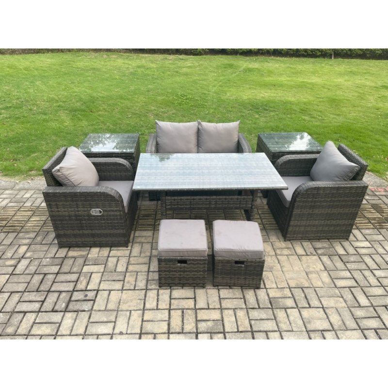 Fimous Rattan Outdoor Garden Furniture Set Rectangular Dining Table and Chair Sofa Set With 2 Side Tables 2 Small Footstools Dark Grey Mixed