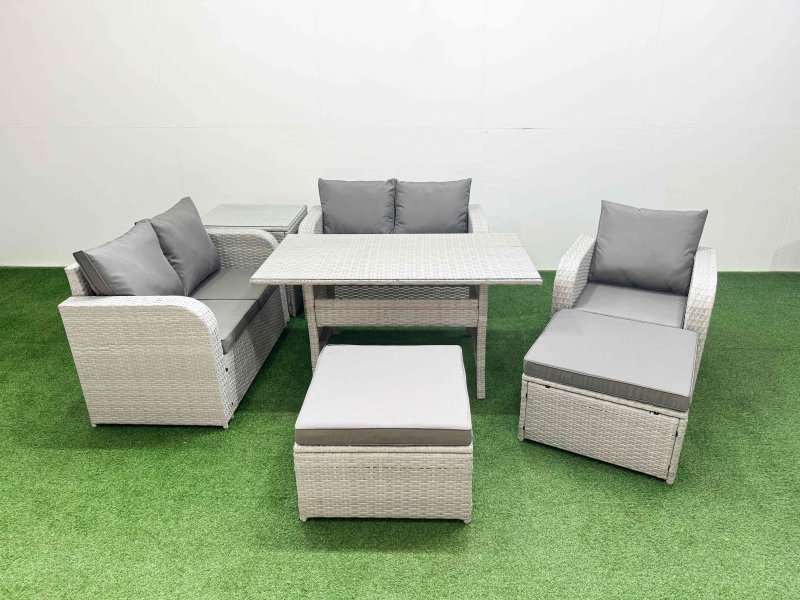 Fimous High Back Poly Rattan Garden Furniture Set with Reclining Chair Loveseat Sofa Rectangular Dining Table Indoor Outdoor Patio Set 2 Big Stool Side Table Light Grey