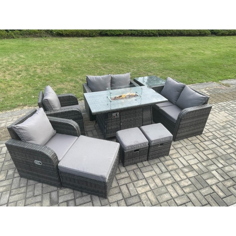 Fimous 9 Seater Rattan Garden Furniture Set Propane Gas Fire Pit Table and Sofa Chair set with 3 Footstool Side Table
