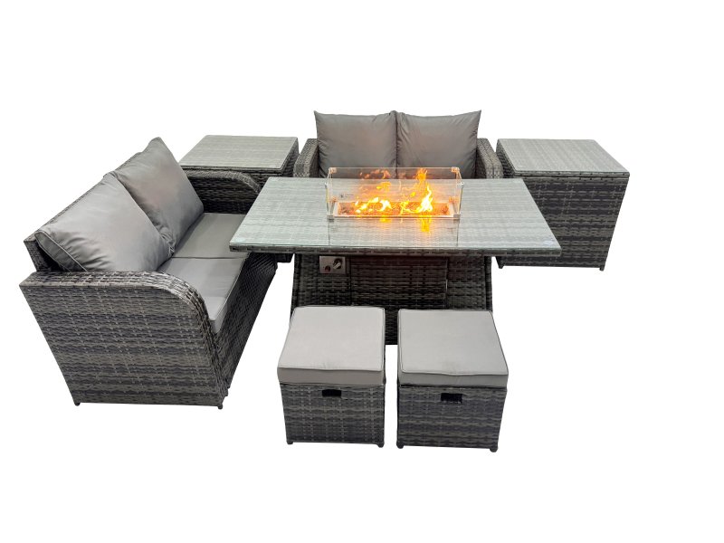 Fimous 6-seater Patio Gas Firpit Dining Table Sofa Sets Rattan Garden Furniture Dining Set with 2 Side Tables 2 Small Stools Dark Grey Mixed