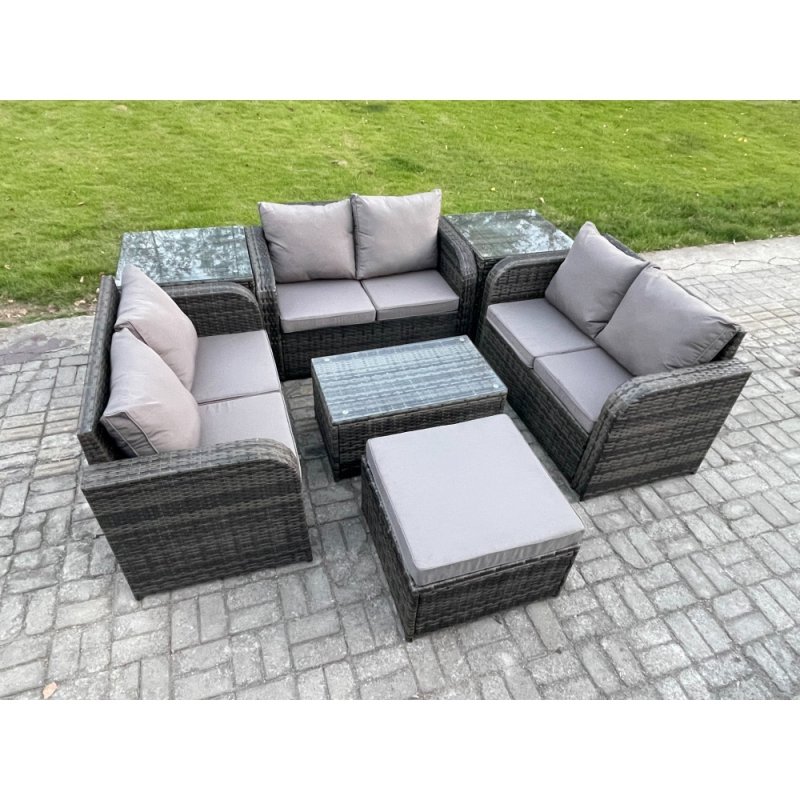 Fimous Outdoor Garden Furniture Sets 7 Seater Wicker Rattan Furniture Sofa Sets with Rectangular Coffee Table Love Sofa 2 Side Tables Big Footstool Dark Grey Mixed
