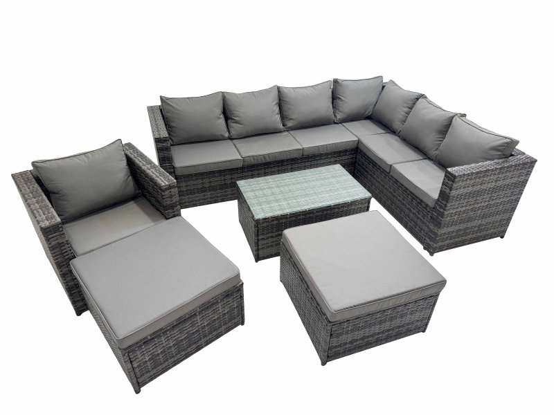 Fimous Patio Sofa Oblong Coffee Table Set Rattan Garden Furniture Set with 2 Big Stools Chair Dark Grey Mixed