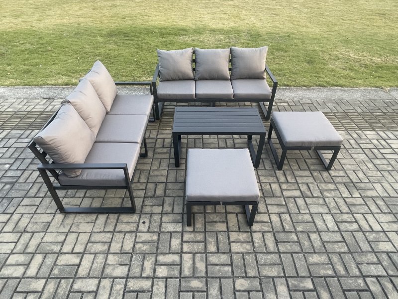 Fimous Aluminium Patio Outdoor Garden Furniture Lounge Sofa Set with Oblong Coffee Table 2 Big Footstools Dark Grey