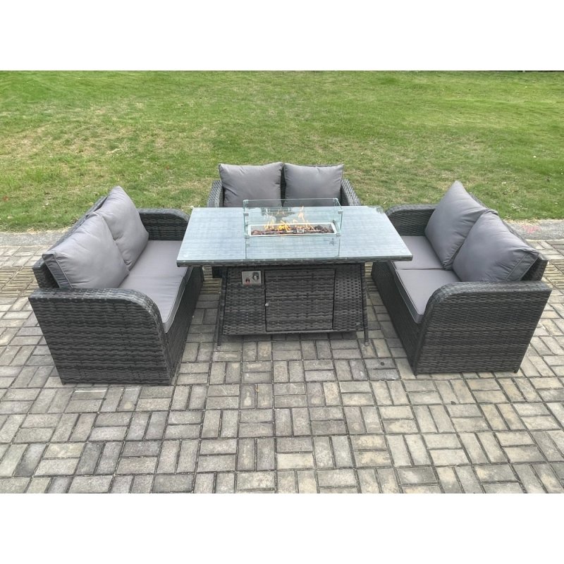 Fimous Rattan Outdoor Garden Furniture Sofa Set Gas Fire Pit Dining Table Gas Heater with Love Sofa Dark Grey Mixed