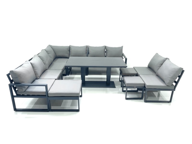 Fimous 12 Seater Outdoor Aluminum Garden Furniture Set Corner Sofa 3 Footstools Rising Lifting Dining Table Sets Dark Grey