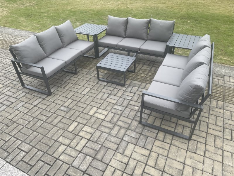 Fimous Aluminium 9 Seater Outdoor Garden Furniture Set Patio Lounge Sofa with Square Coffee Table 2 Side Tables Conservatory Set Dark Grey