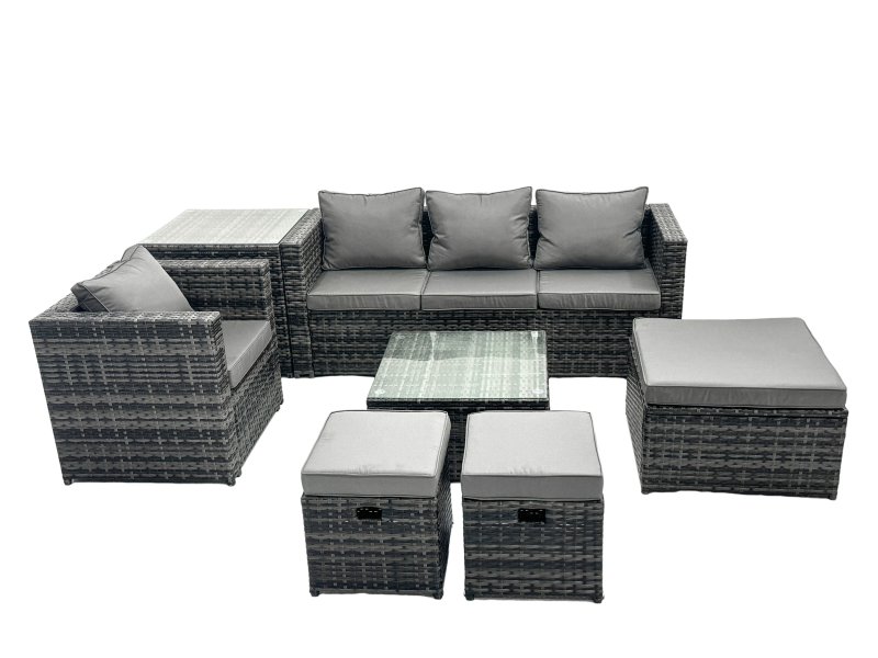 Fimous Outdoor Rattan Garden Furniture Set 7 Seater Patio Lounge Sofa Set with Armchair Square Coffee Table Side Table 3 Footstools Dark Grey Mixed