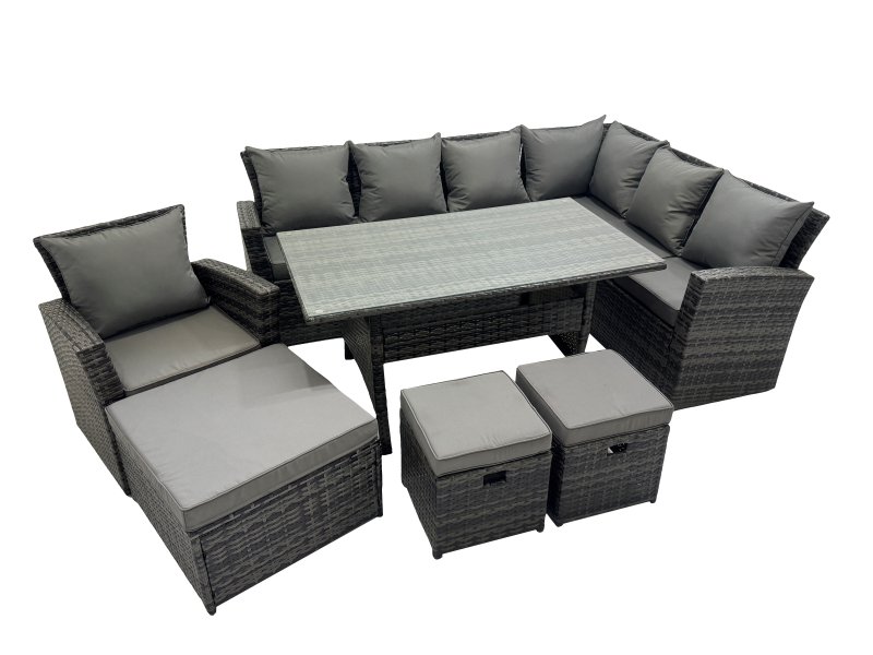 Fimous Rattan Garden Furniture Set Outdoor 10 Seater Patio Dining Corner Sofa Sets with Dining Table Chair Dark Grey Mixed