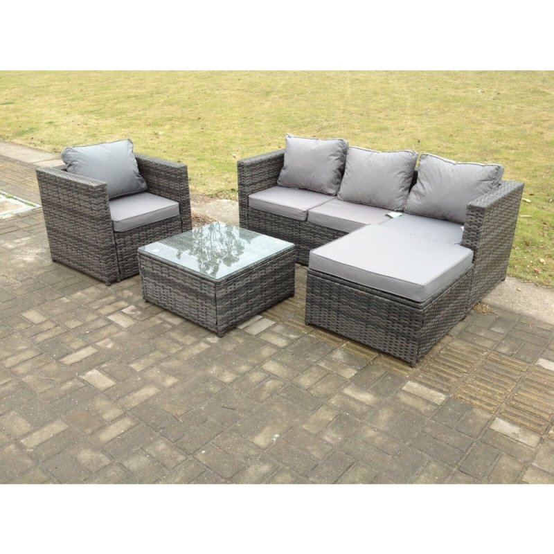 Fimous Lounge Dark Mixed Grey Rattan Sofa Set With Tables Stool Outdoor Garden Furniture Patio 5 Seater